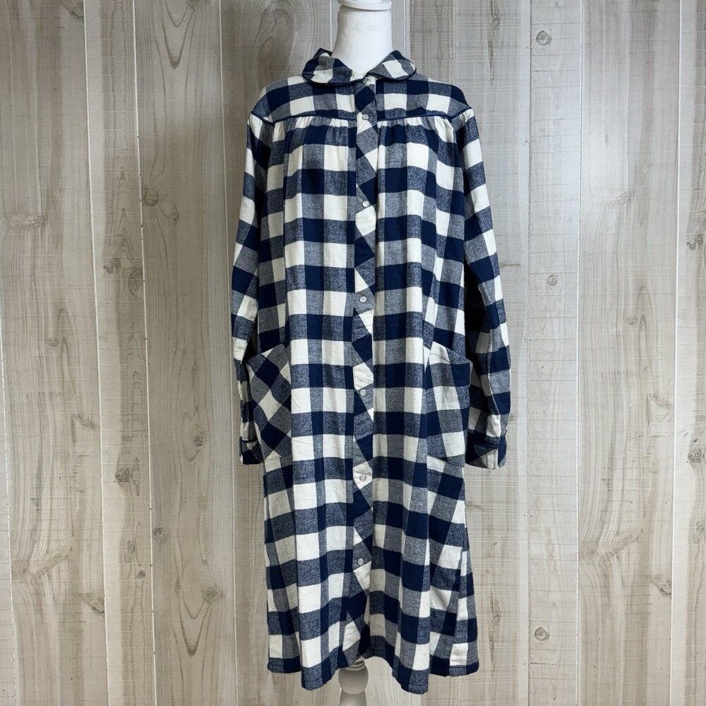 VTG Easy Essentials Buffalo Plaid Housecoat Front Snap Blue Granny Core XLP